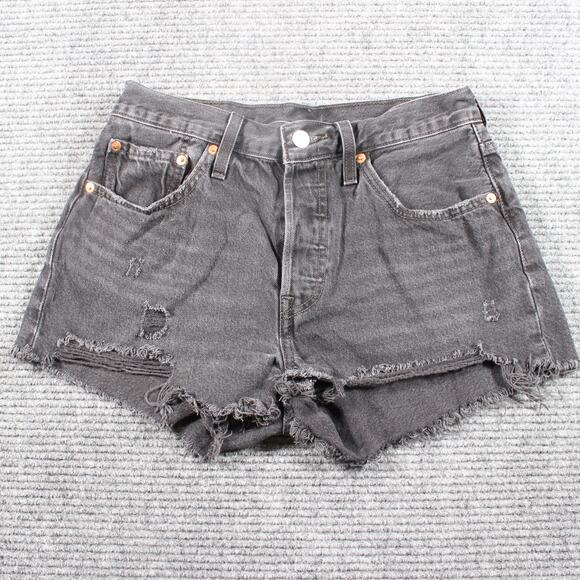 Levi’s Premium 501 Shorts Womens 27 Black High Rise Distressed Button Fly Raw - Picture 1 of 7